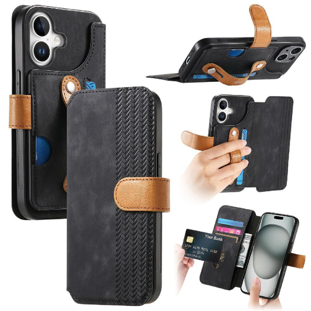 (Black) Case For Iphone 16 Plus Shockproof Wallet Card Slots Wrist Strap Black 764563718184