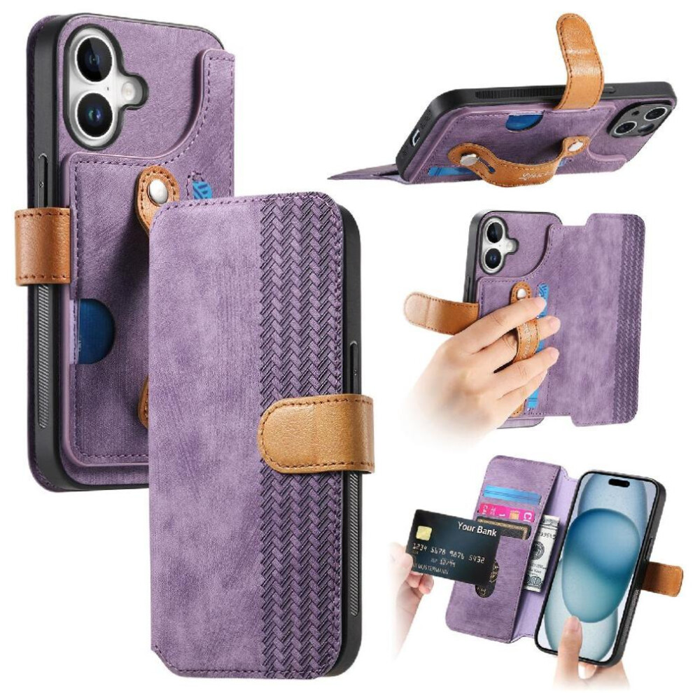 (Purple) Case For Iphone 16 Plus Shockproof Wallet Card Slots Wrist Strap Purple 764563718177