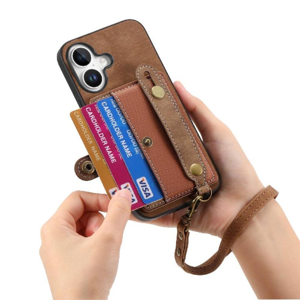 (Brown) Case For Iphone 16 Wristband Wallet Strap Shockproof Brown 764563718351