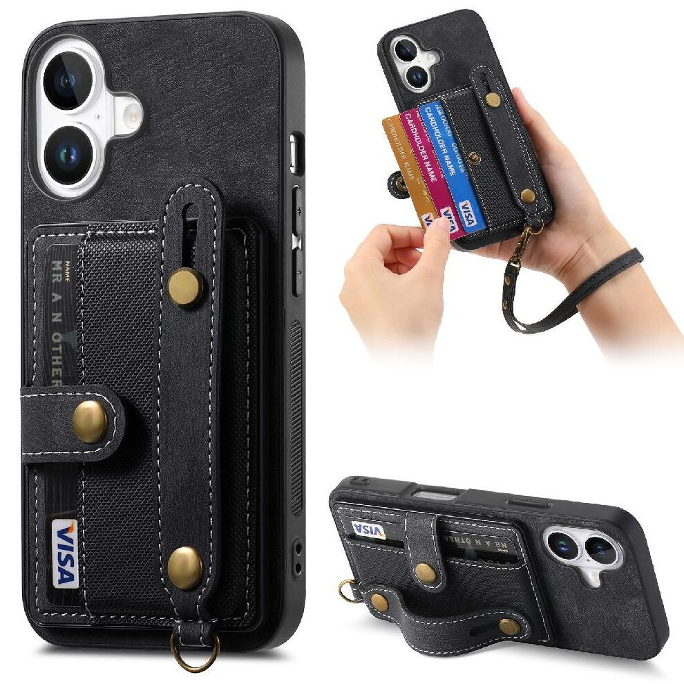 (Black) Case For Iphone 16 Wristband Wallet Strap Shockproof Black 764563718405