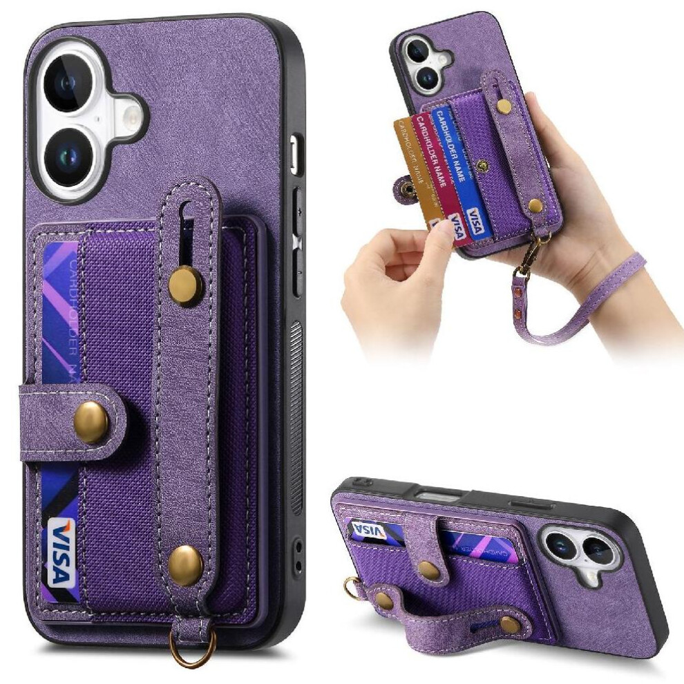 (Purple) Case For Iphone 16 Wristband Wallet Strap Shockproof Purple 764563718382