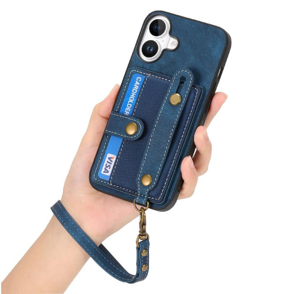 (Blue) Case For Iphone 16 Wristband Wallet Strap Shockproof Blue 764563718399