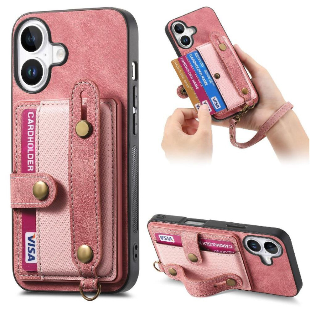 (Pink) Case For Iphone 16 Wristband Wallet Strap Shockproof Pink 764563718375
