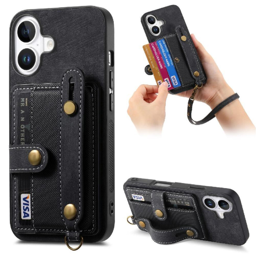 (Black) Case For Iphone 16 Plus Shockproof Wristband Strap Wallet Black 764563718467