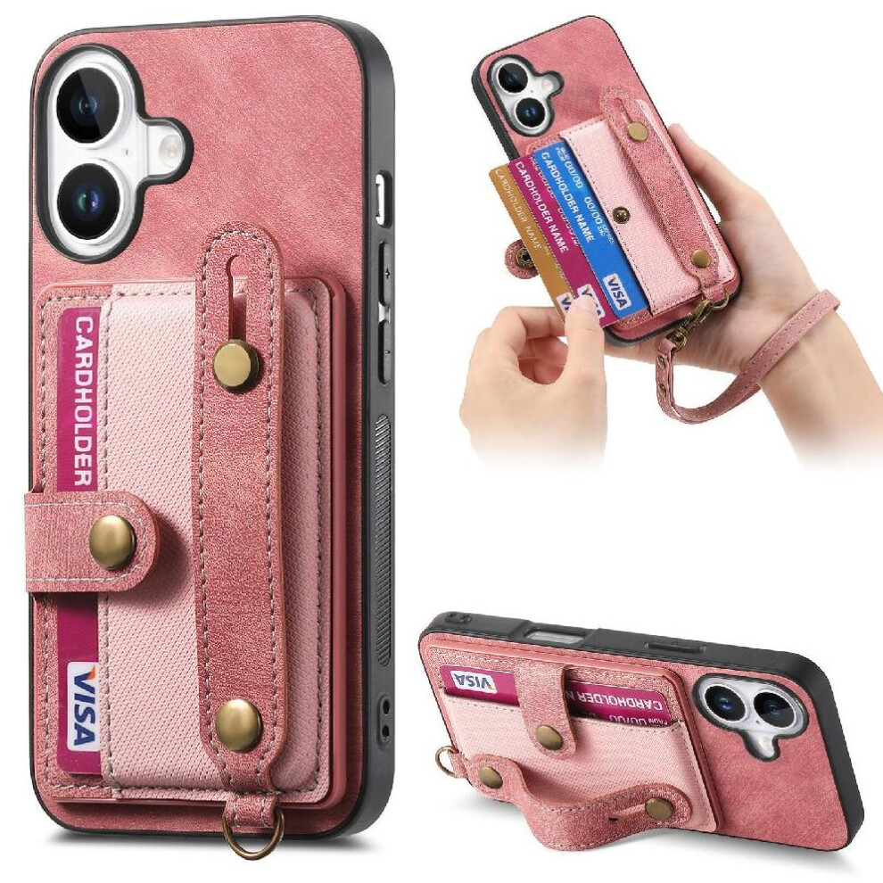 (Pink) Case For Iphone 16 Plus Shockproof Wristband Strap Wallet Pink 764563718436