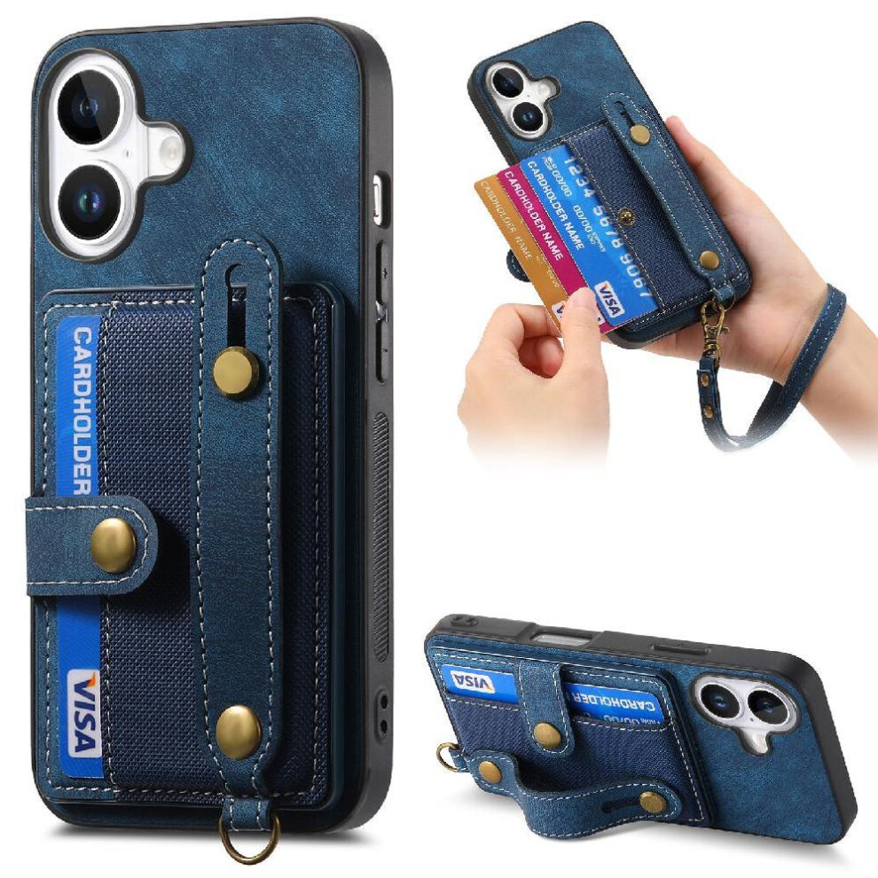 (Blue) Case For Iphone 16 Plus Shockproof Wristband Strap Wallet Blue 764563718450