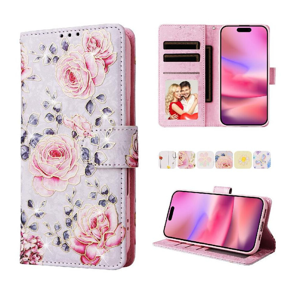 (C5 ) Wallet Phone Case For Iphone 13 3 Card Slots 1 Bill Compartment Painted Flower Rfid Blocking Magnetic Closure Gold 764563718818