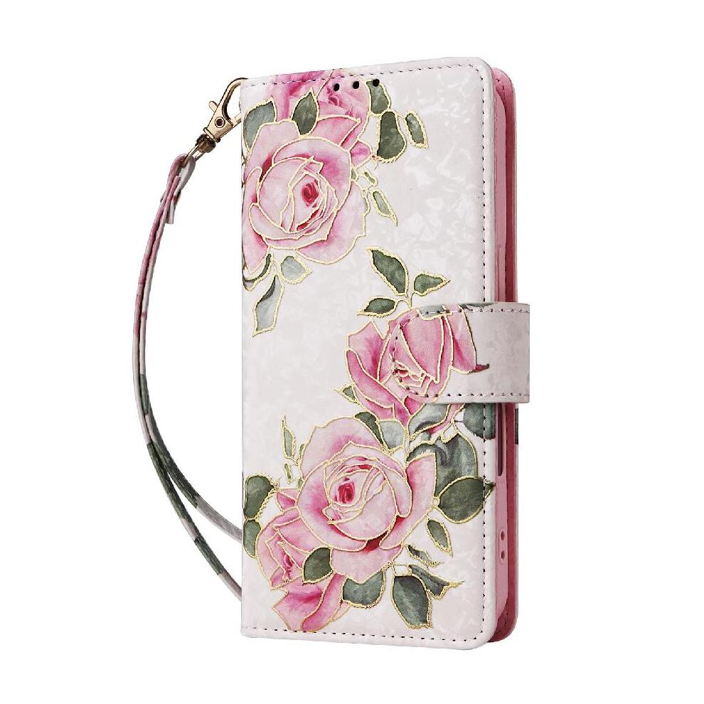 (C6) Wallet Phone Case For Iphone 13 3 Card Slots 1 Bill Compartment Painted Flower Rfid Blocking Magnetic Closure Gold 764563718825