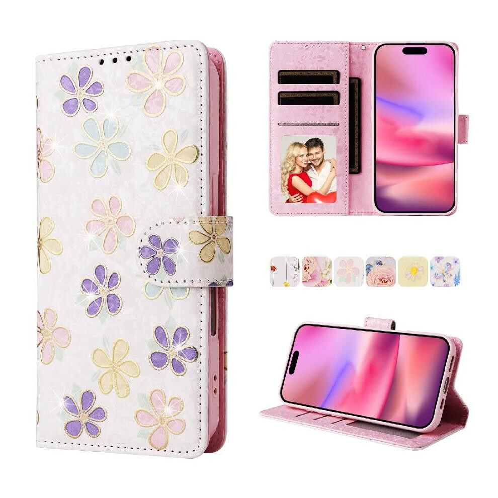 (C2) Wallet Phone Case For Iphone 13 3 Card Slots 1 Bill Compartment Painted Flower Rfid Blocking Magnetic Closure Gold 764563718788