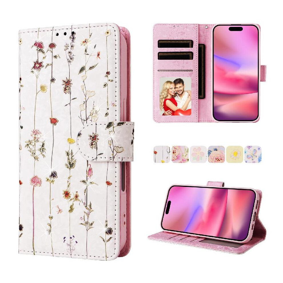 (C1 ) Wallet Phone Case For Iphone 16 3 Card Slots 1 Bill Compartment Rfid Blocking Magnetic Closure Painted Flower Gold 764563719136
