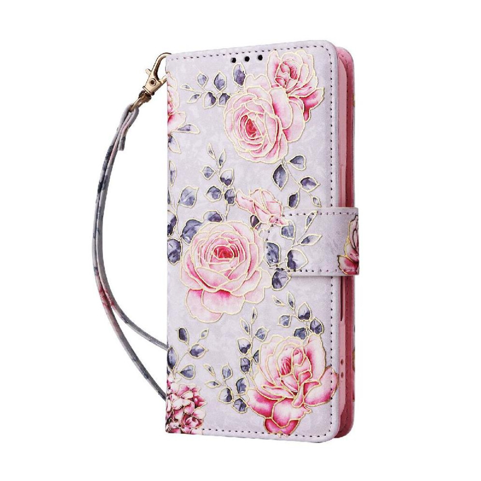 (C5 ) Wallet Phone Case For Iphone 16 3 Card Slots 1 Bill Compartment Rfid Blocking Magnetic Closure Painted Flower Gold 764563719174