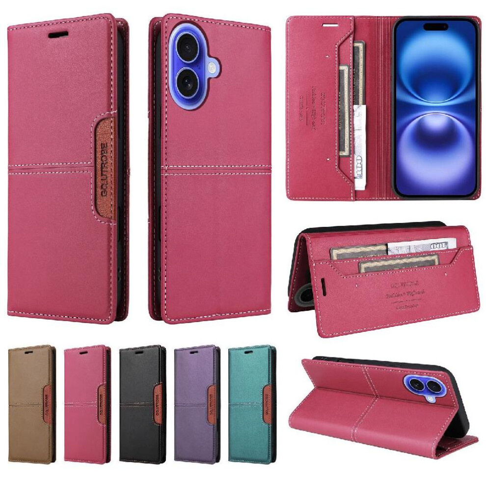 (Red) Flip Case For Iphone 16 Wallet Rfid Blocking Shockproof Flip Cover Red 764563719266