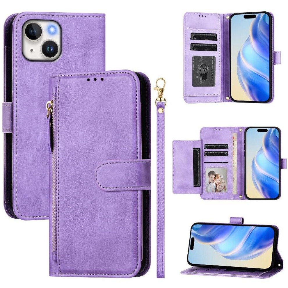 (Purple) Flip Case For Iphone 13 Card Holder Pu Leather Magnetic Zipper Purple 764563719631