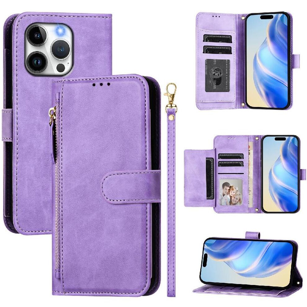 (Purple) Flip Case For Iphone 13 Pro Pu Leather Magnetic Card Holder Zipper Purple 764563719754