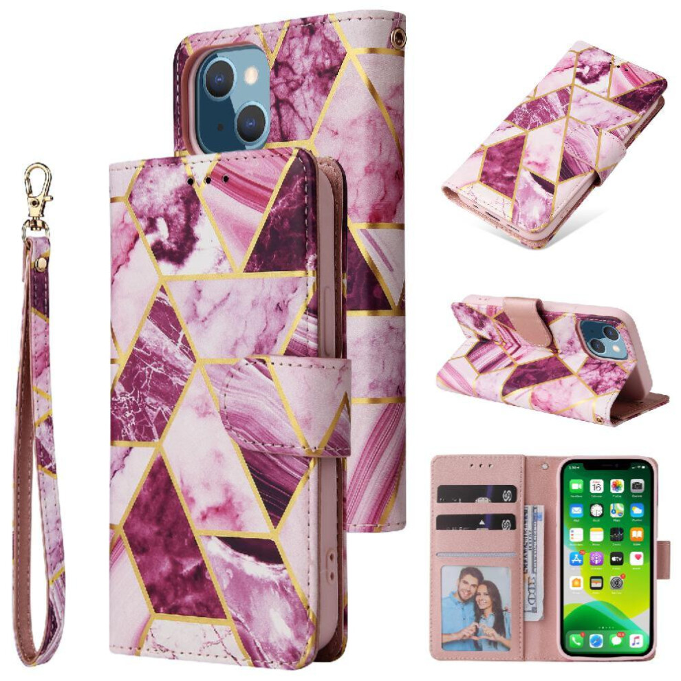 (Purple) Wallet Case For Iphone 13 Mini Wrist Strap Pu Leather Kickstand Magnetic Closure Wallet Case Purple 764563720026