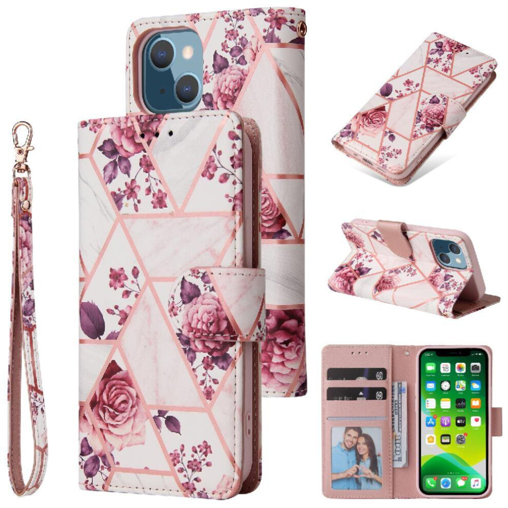 (Rose ) Wallet Case For Iphone 13 Mini Wrist Strap Pu Leather Kickstand Magnetic Closure Wallet Case Red 764563720019