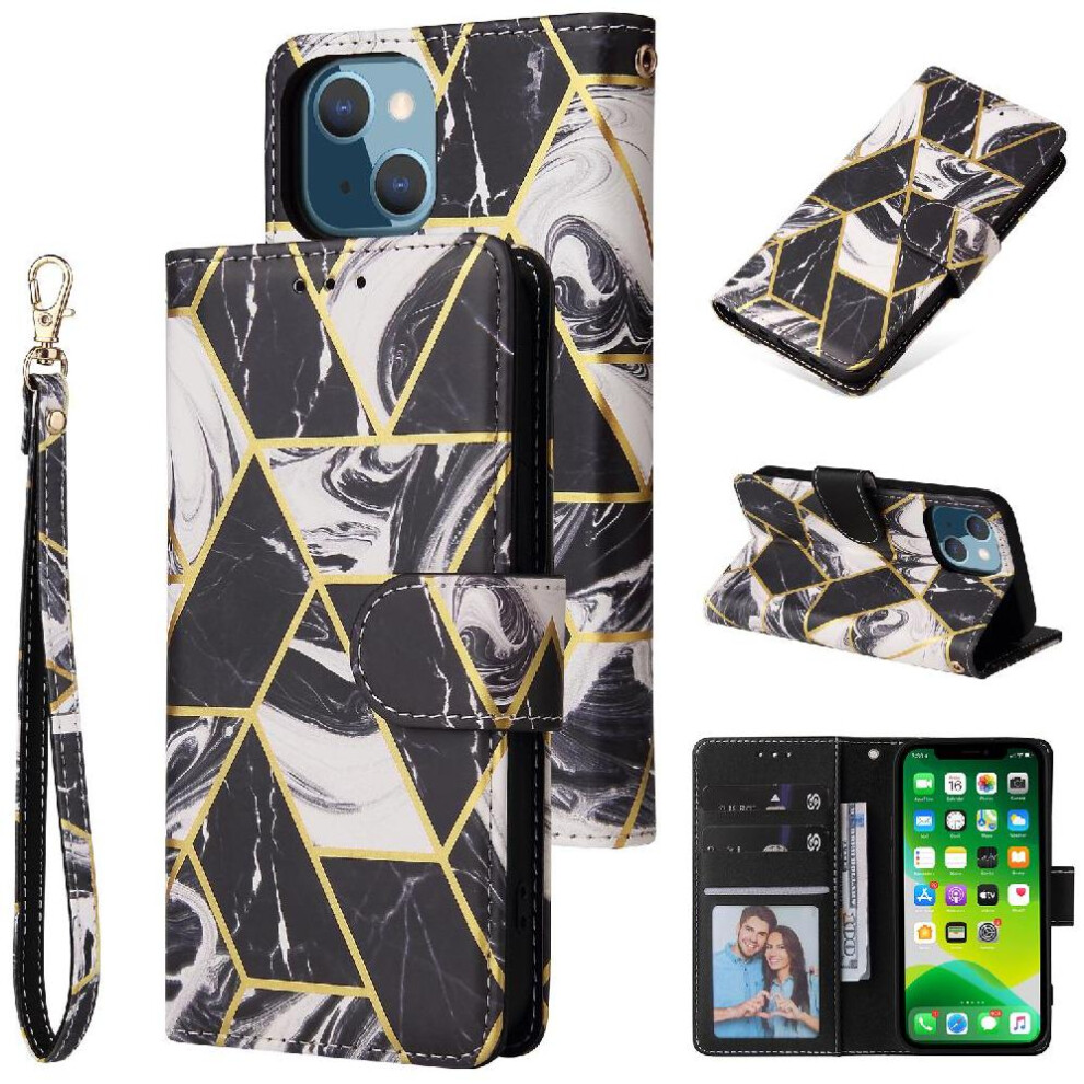 (Black) Wallet Case For Iphone 13 Wallet Case Wrist Strap Kickstand Pu Leather Magnetic Closure Black 764563720033