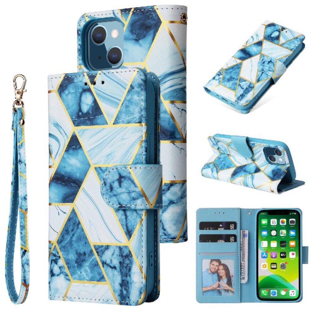 (Blue) Wallet Case For Iphone 13 Wallet Case Wrist Strap Kickstand Pu Leather Magnetic Closure Blue 764563720040