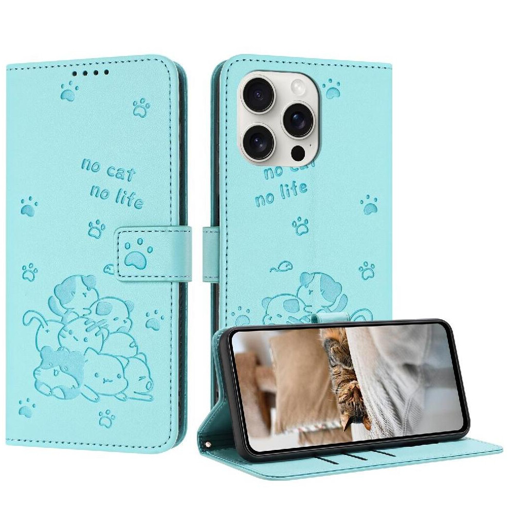 Photos - Case  Flip  for iphone 16 Pro Max Pu Leather Card Holder Kickstand Cute Cat Leather Wallet(Green)
