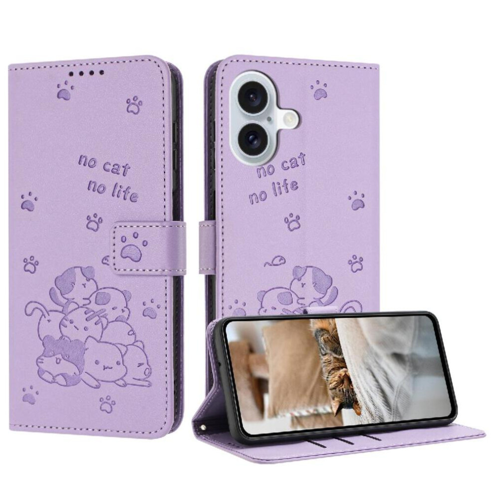 Photos - Case  Flip  for iphone 16 Plus Card Holder Kickstand Leather Wallet Cute Cat Pu Leather(Purple)