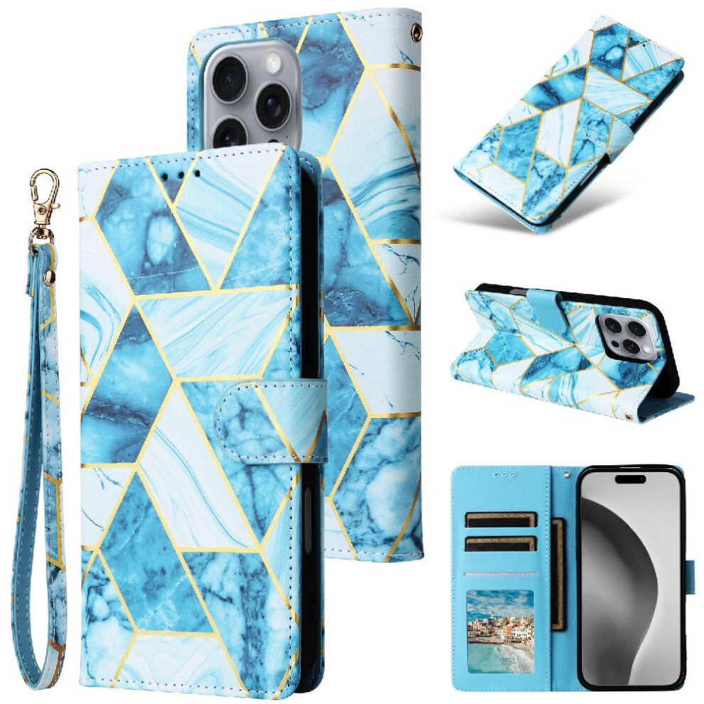 (Blue) Wallet Case For Iphone 16 Pro Max Magnetic Closure Wrist Strap Pu Leather Wallet Case Kickstand Blue 764563720323