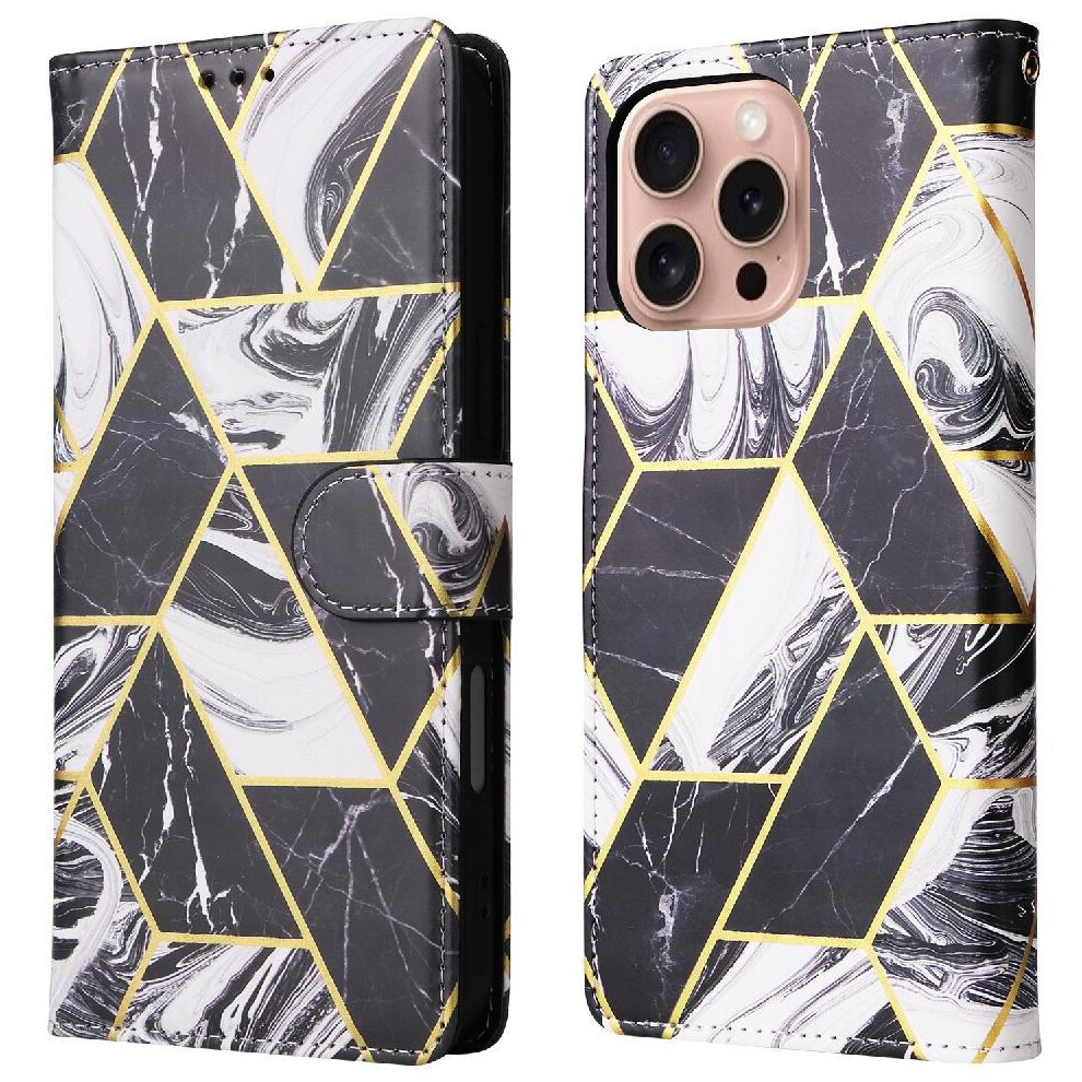 (Black) Wallet Case For Iphone 16 Pro Pu Leather Wrist Strap Kickstand Magnetic Closure Wallet Case Black 764563720354
