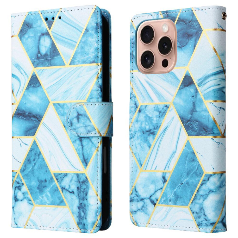 (Blue) Wallet Case For Iphone 16 Pro Pu Leather Wrist Strap Kickstand Magnetic Closure Wallet Case Blue 764563720361
