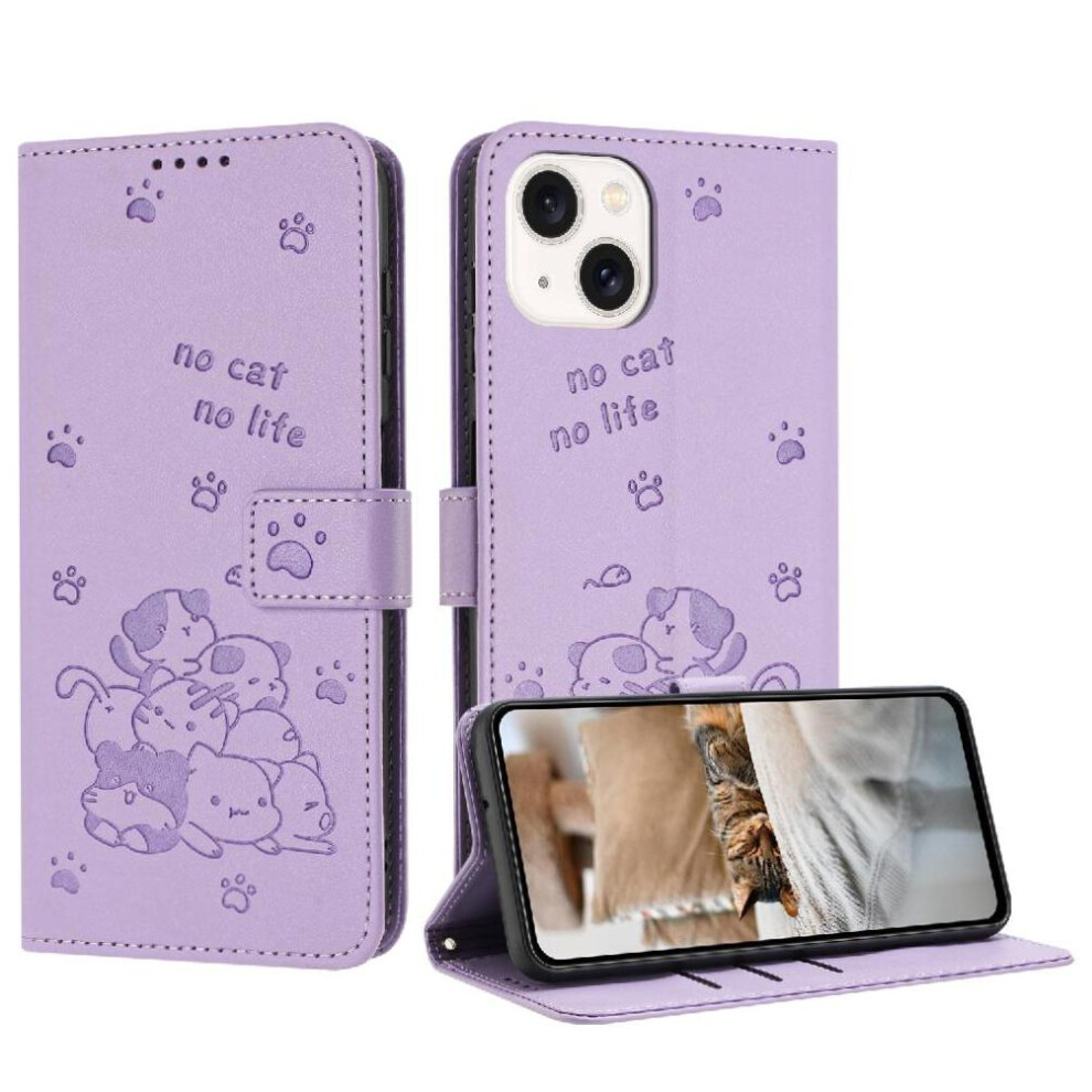(Purple) Flip Case For Iphone 13 Cute Cat Pu Leather Leather Wallet Card Holder Kickstand Purple 764563720514