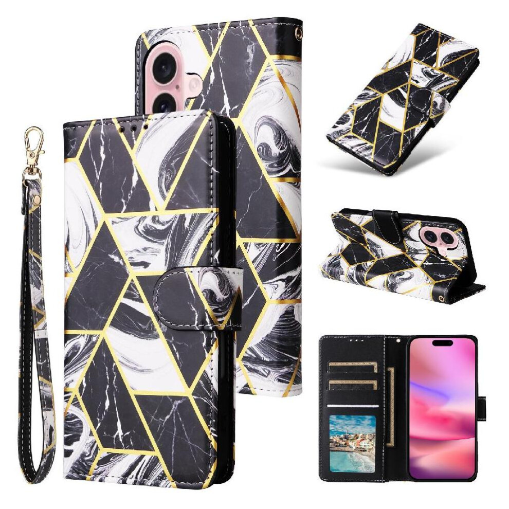 (Black) Wallet Case For Iphone 16 Plus Pu Leather Wrist Strap Magnetic Closure Kickstand Wallet Case Black 764563720576