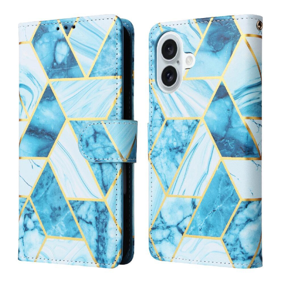 (Blue) Wallet Case For Iphone 16 Plus Pu Leather Wrist Strap Magnetic Closure Kickstand Wallet Case Blue 764563720583
