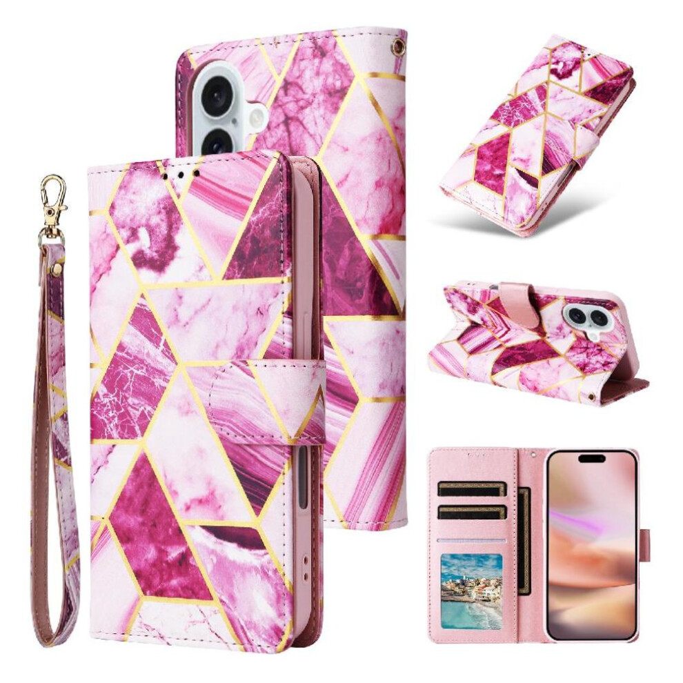 (Purple) Wallet Case For Iphone 16 Plus Pu Leather Wrist Strap Magnetic Closure Kickstand Wallet Case Purple 764563720606