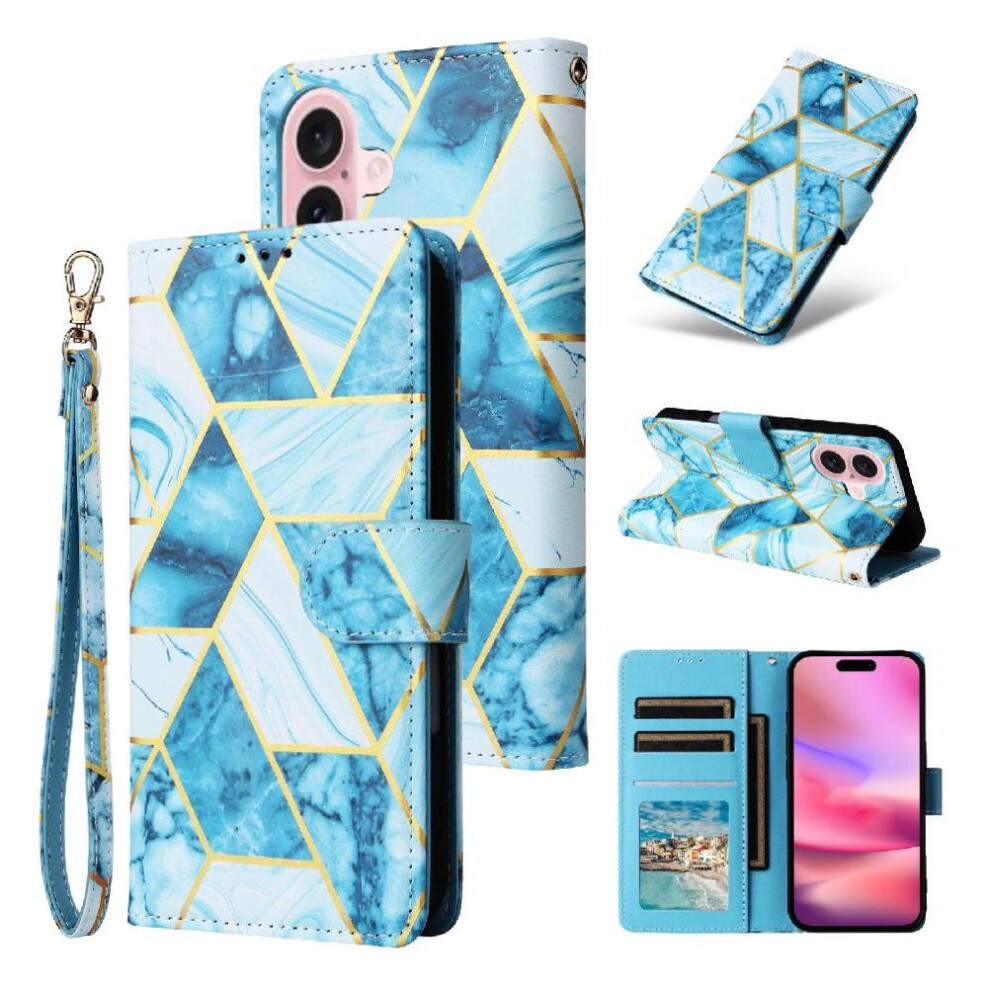 (Blue) Wallet Case For Iphone 16 Magnetic Closure Pu Leather Kickstand Wallet Case Wrist Strap Blue 764563720682