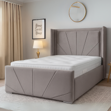 (Grey (with Mattress), 6ft Super King (without Ottoman Storage)) Plush Velvet Wingback Double Bed Frame 54" Headboard Optional Ottoman Storage Gaslift & 10" Orthopedic Mattress