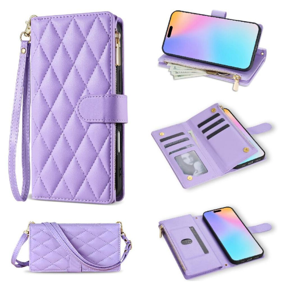 (Purple) Zipper Pocket Phone Case For Iphone 16 Wrist Strap Card Holder Crossbody Strap Kickstand Magnetic Closure Purple 764563722556