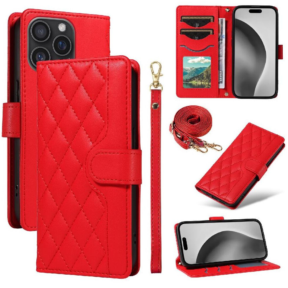 (Red) Flip Case For Iphone 16 Pro Max Lattice Flip Folio Phone Case With Stand Detachable Wrist Strap And Long Lanyard Wallet Card Slots Red 764563722778