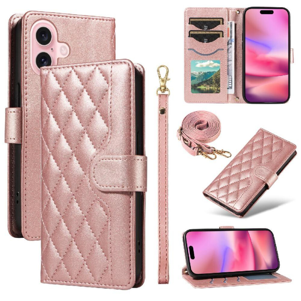 (Pink) Flip Case For Iphone 16 Wallet Card Slots Detachable Wrist Strap And Long Lanyard Lattice Flip Folio Phone Case With Stand Pink 764563722983