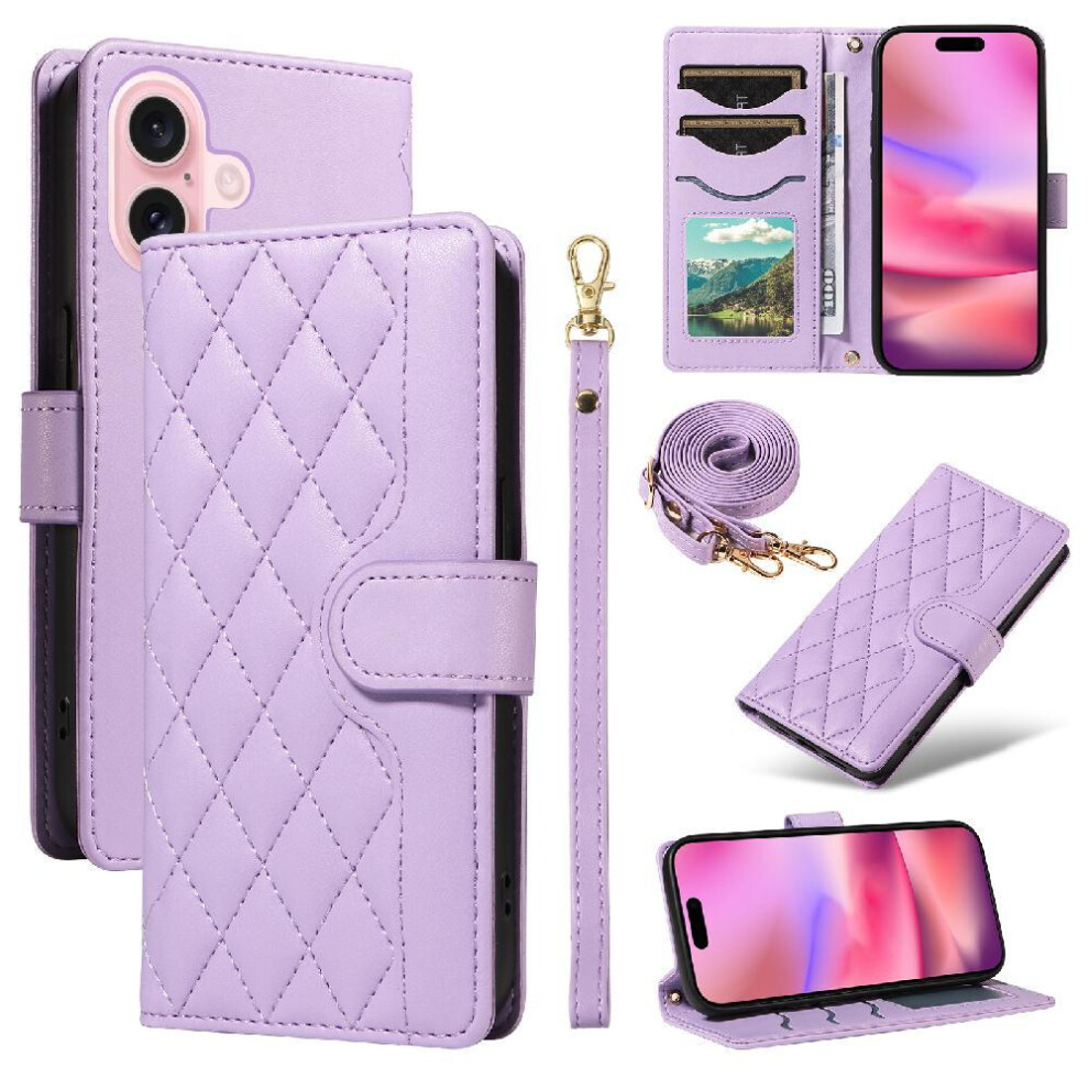 (Purple) Flip Case For Iphone 16 Wallet Card Slots Detachable Wrist Strap And Long Lanyard Lattice Flip Folio Phone Case With Stand Purple 764563723003
