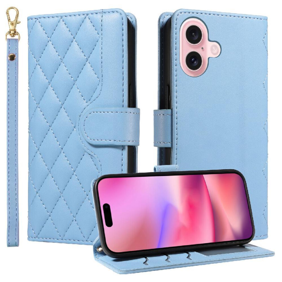 (Blue) Flip Case For Iphone 16 Wallet Card Slots Detachable Wrist Strap And Long Lanyard Lattice Flip Folio Phone Case With Stand Blue 764563723034
