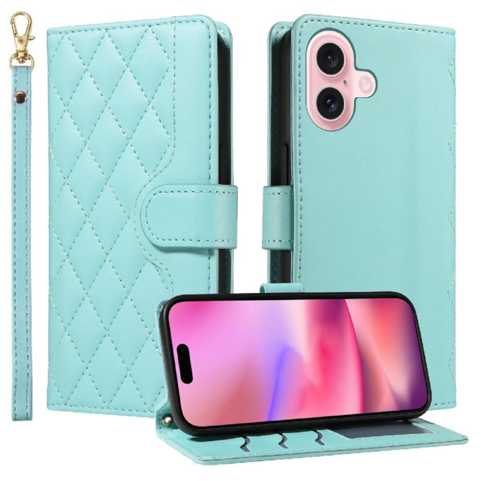 (Green) Flip Case For Iphone 16 Wallet Card Slots Detachable Wrist Strap And Long Lanyard Lattice Flip Folio Phone Case With Stand Green 764563723041