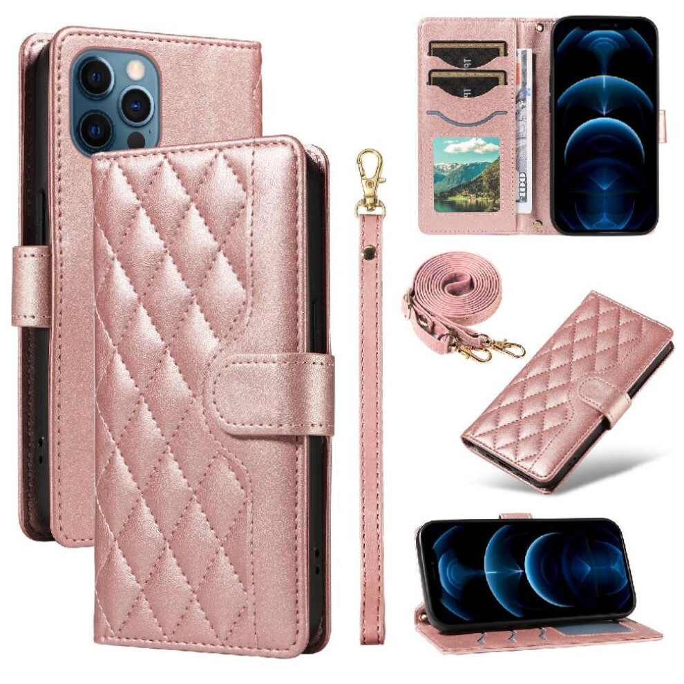 (Pink) Flip Case For Iphone 13 Pro Max Detachable Wrist Strap And Long Lanyard Lattice Flip Folio Phone Case With Stand Wallet Card Slots Pink 764563723065