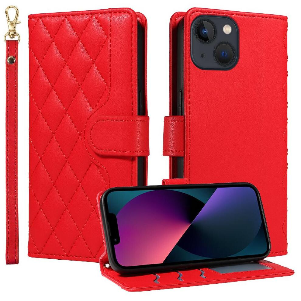 (Red) Flip Case For Iphone 13 Wallet Card Slots Detachable Wrist Strap And Long Lanyard Lattice Flip Folio Phone Case With Stand Red 764563723256