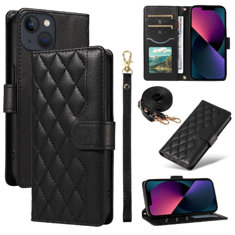 (Black) Flip Case For Iphone 13 Wallet Card Slots Detachable Wrist Strap And Long Lanyard Lattice Flip Folio Phone Case With Stand Black 764563723232