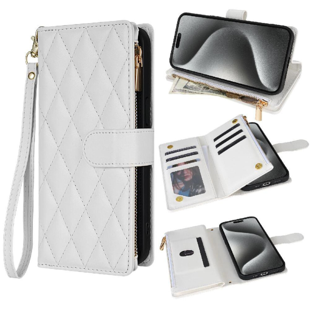 Photos - Case Fashion Wallet for iphone 13 Pro Wrist Strap Card Holder Zipper Pocket Kickstand Protective Cover(White)