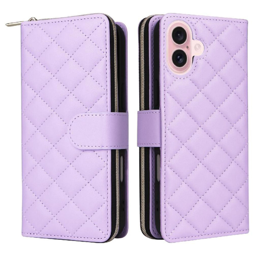 (Purple) Flip Zipper Case For Iphone 16 Magnetic Closure 9 Card Holder 1 Cash Slot Wrist Strap Kickstand Purple 764563724246