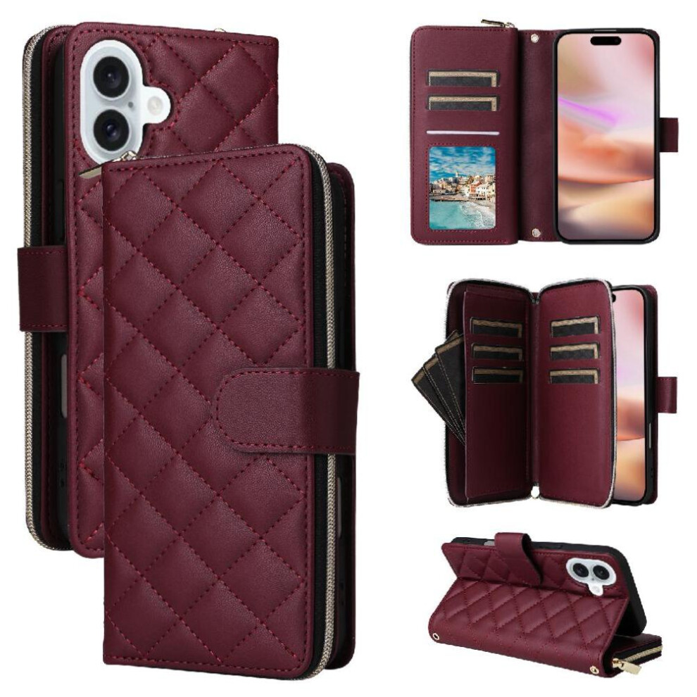 (Red) Wallet Case For Iphone 16 Plus Kickstand Crossbody Strap Wrist Strap 9 Card Holder Magnetic Closure Red 764563724307