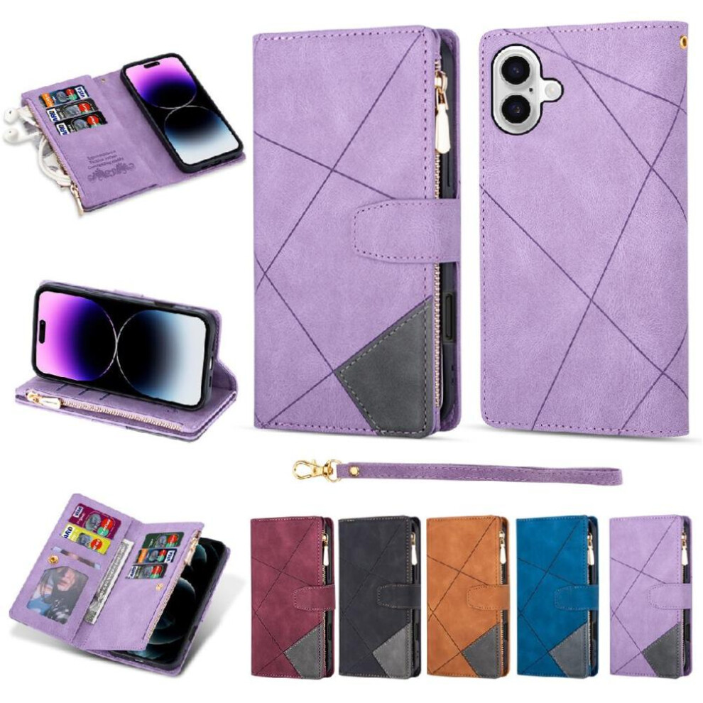(Purple) Wallet Case For Iphone 16 5 Card Holders Magnetic Closure Wrist Strap Kickstand Purple 764563725724