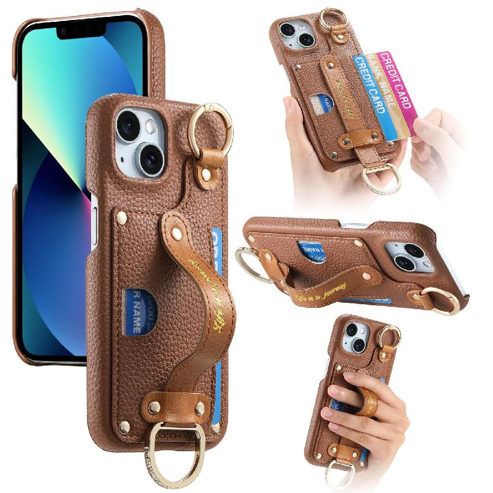 (Brown) Case For Iphone 13 Wristband Slim Case Rfid Blocking Ring Holder Brown 764563728909