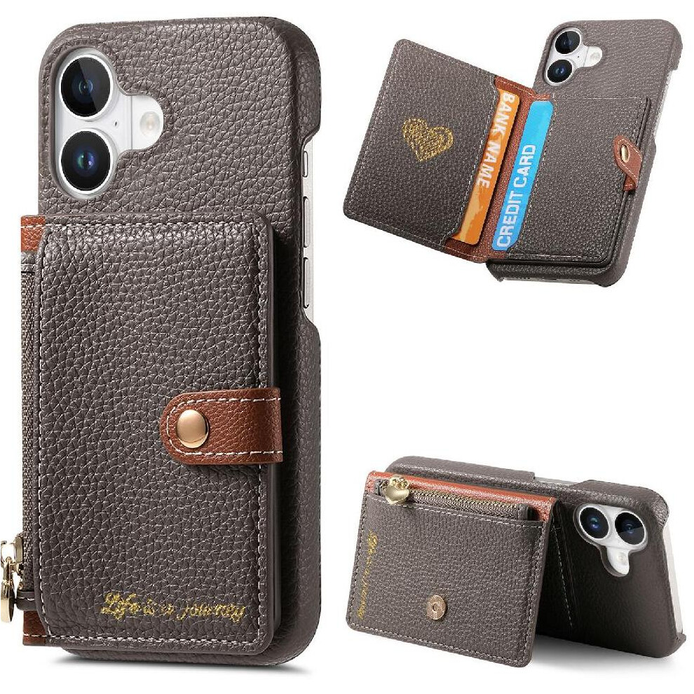 ( ) Case For Iphone 16 Shockproof Stand Wallet Zipper Wallet Gray 764563729128