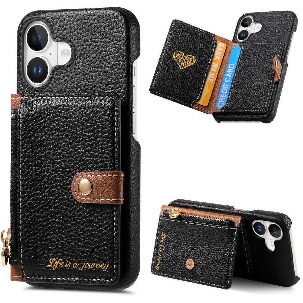 (Black) Case For Iphone 16 Shockproof Stand Wallet Zipper Wallet Black 764563729074