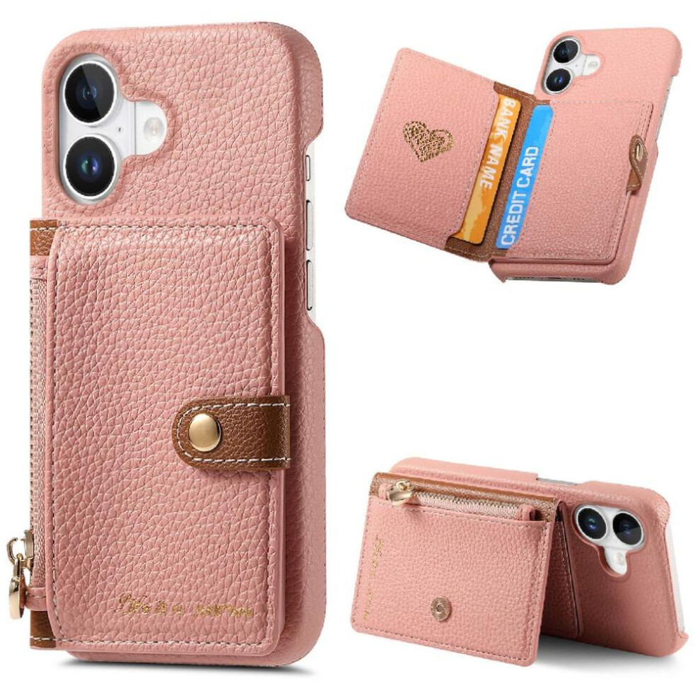 (Pink) Case For Iphone 16 Shockproof Stand Wallet Zipper Wallet Pink 764563729104